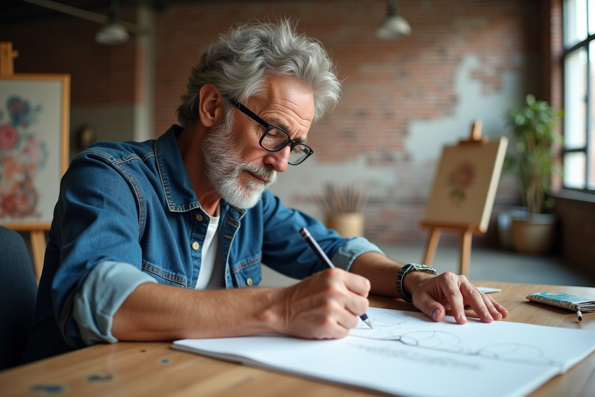 Homme mature en atelier minimaliste esquissant dans un carnet lors d