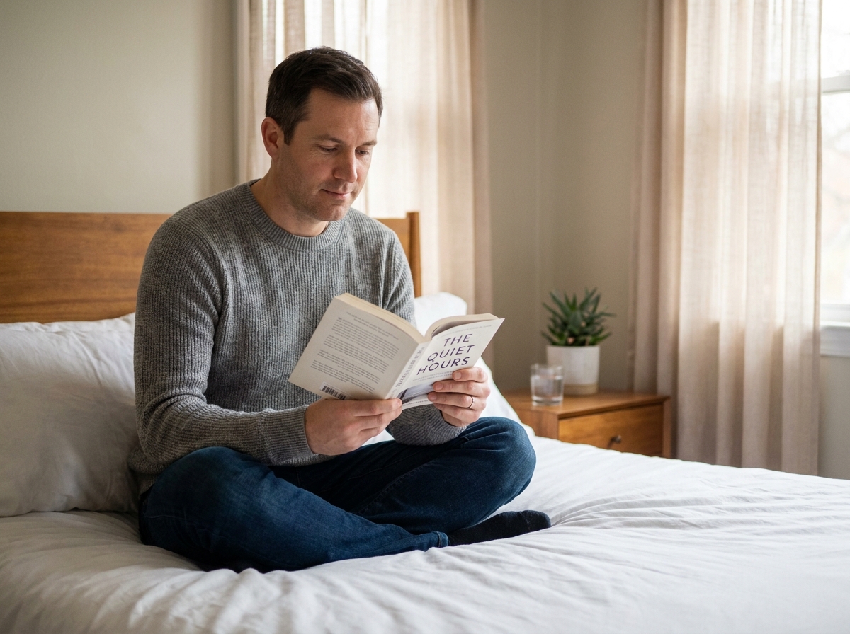 Homme détendu lisant un livre dans une chambre propre et ordonnée après délégation du ménage