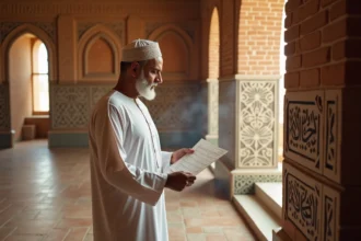 Homme en djellaba blanche consultant les horaires de prière dans une mosquée à Mons-en-Barœul