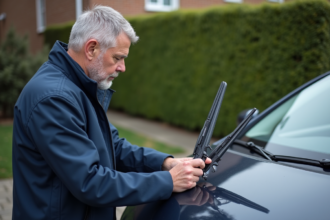 Homme d'âge moyen examinant des lave-vitres sur une voiture moderne