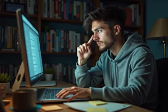 Jeune homme méfiant pointant un faux lien suspect sur son écran d'ordinateur portable, entouré de mangas
