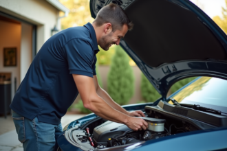 Homme ajustant un filtre à air performant sous le capot d'une voiture propre