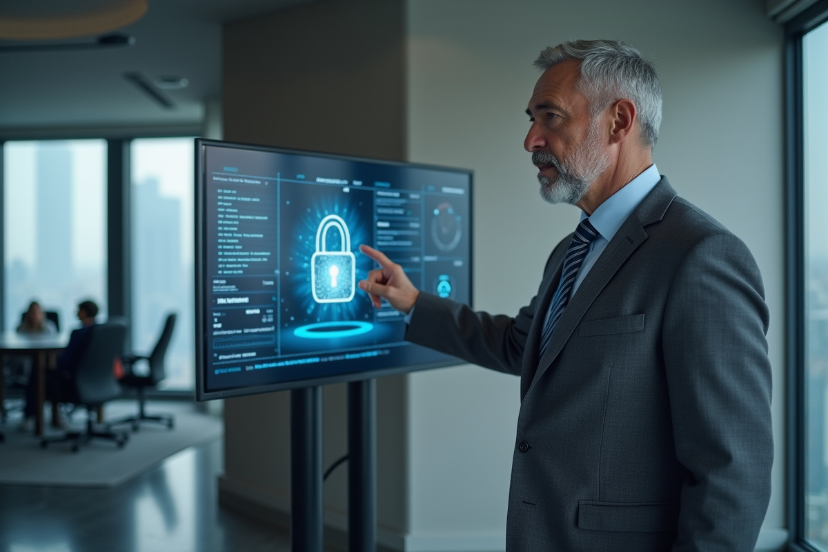 Homme en costume montrant un symbole de securite digitale