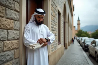 Homme en tenue traditionnelle vérifiant l'heure de prière devant une mosquée à Grenoble