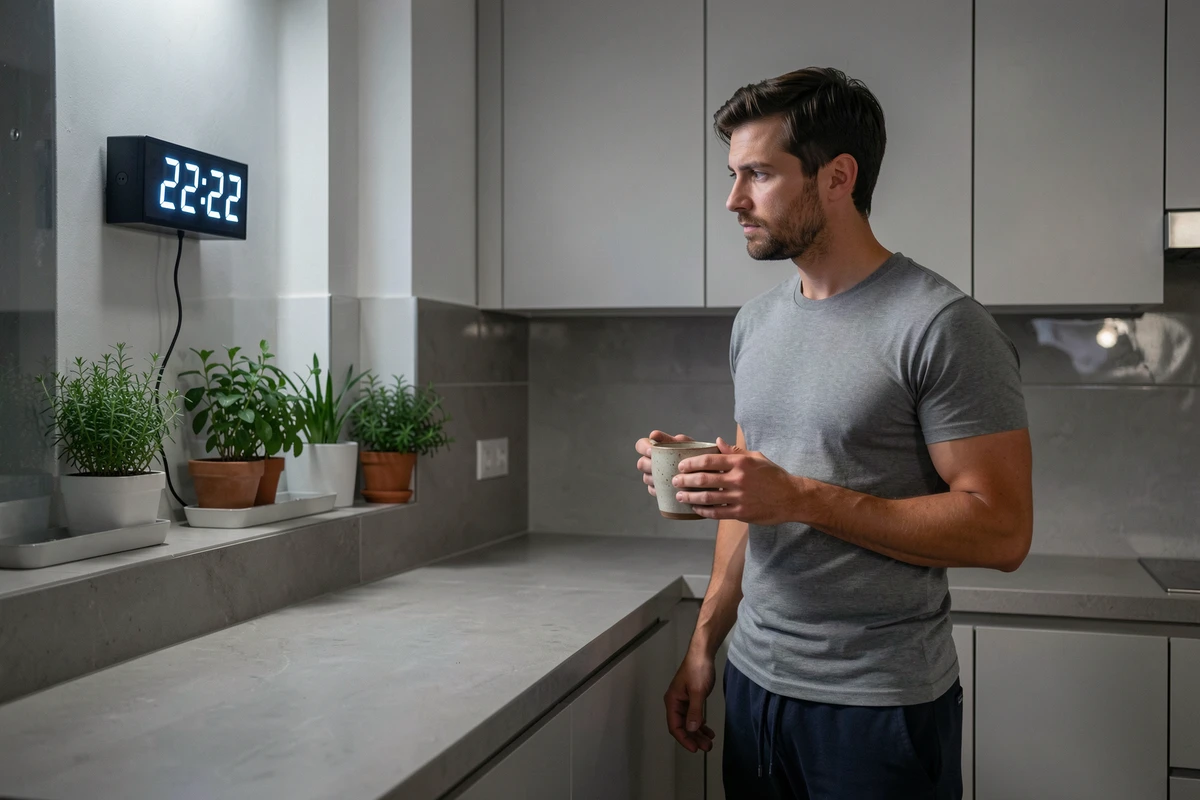 Homme observant une horloge affichant 22h22 dans une cuisine moderne, tenant une tasse de tisane lors d'un rituel nocturne de pleine conscience