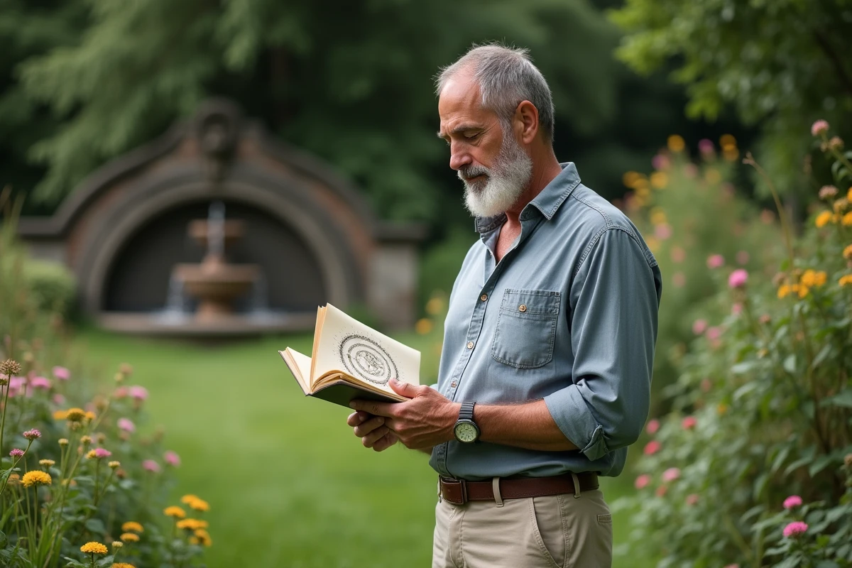 Homme méditant dans un jardin avec chartes astrologiques