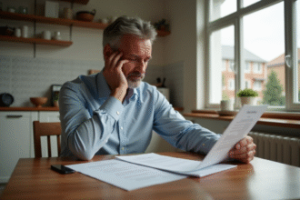 Homme d'âge moyen lisant des documents de prêt immobilier