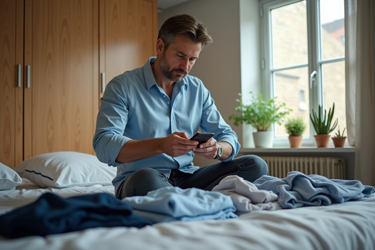 Homme vérifiant sa liste de vêtements dans son appartement
