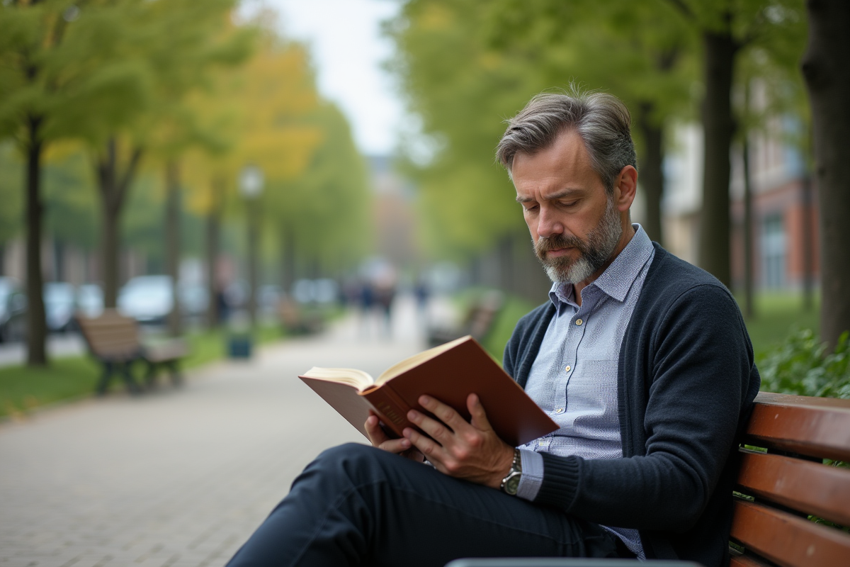 Homme lisant un livre dans un parc urbain
