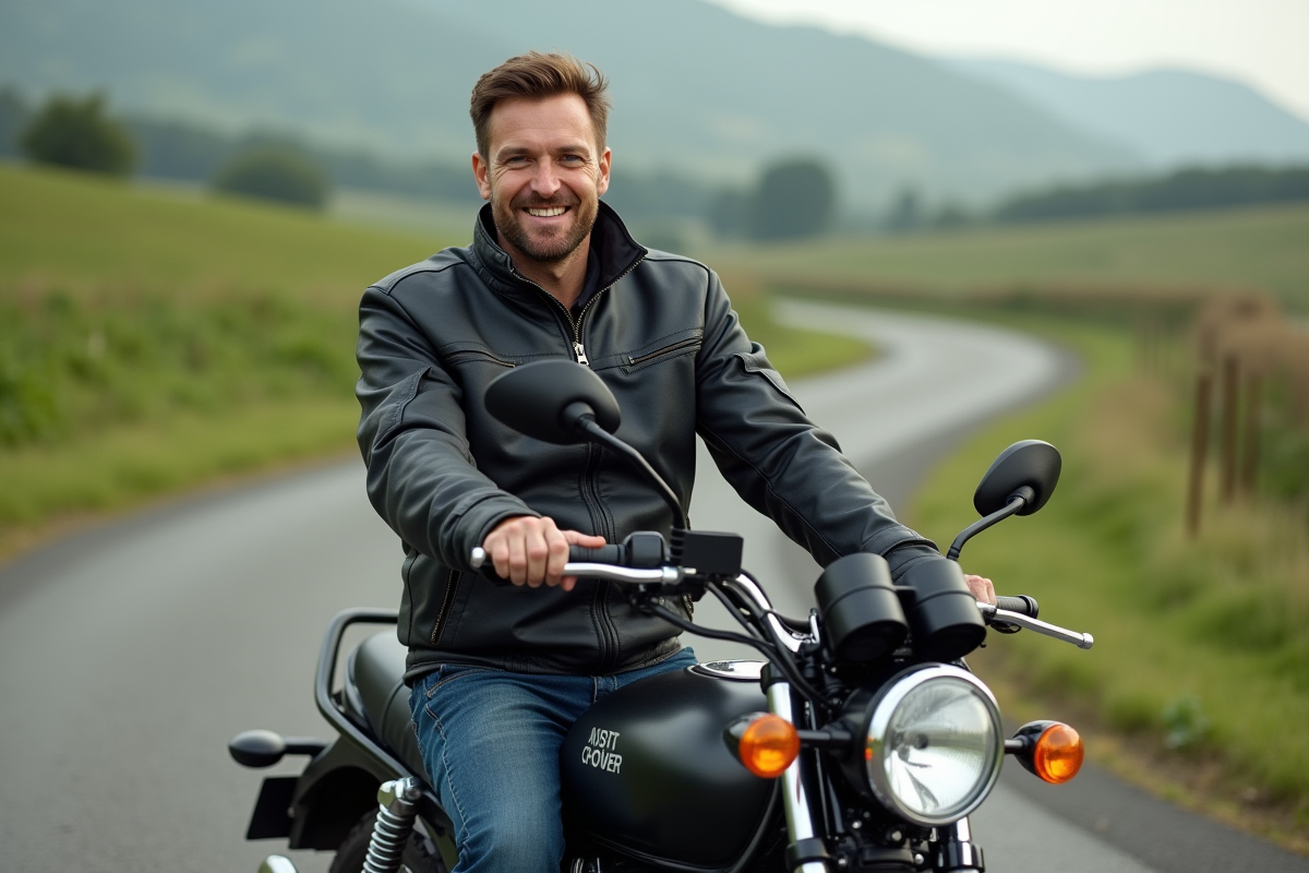 Homme souriant à côté d'une moto Avengers 125 en pleine nature