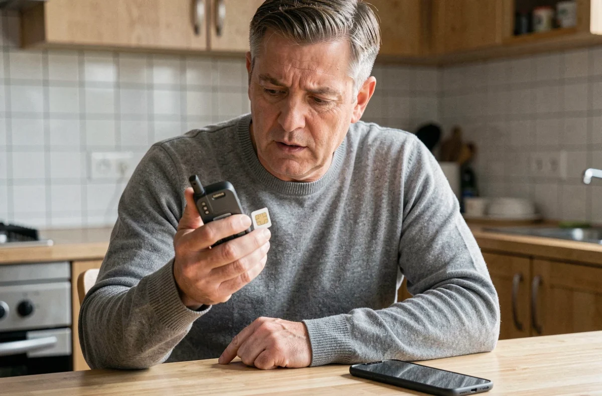 Homme tenant un vieux téléphone Nokia et inspectant une carte SIM dans une cuisine, comparaison avec un smartphone moderne