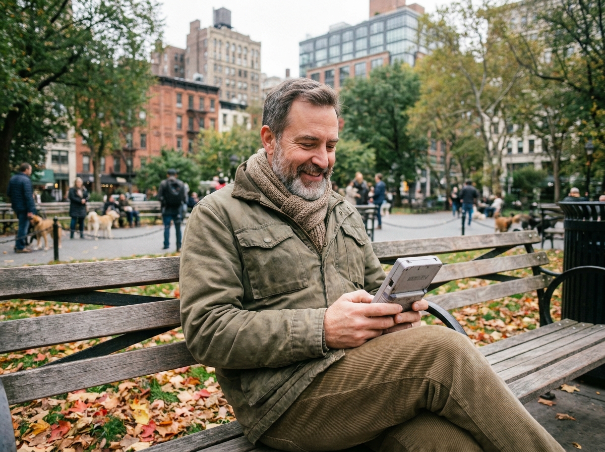 Homme d age jouant à un jeu portable en plein air