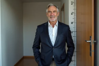 Homme français dans la soixantaine en portrait avec règle de hauteur