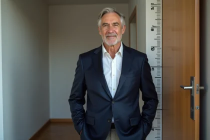 Homme français dans la soixantaine en portrait avec règle de hauteur