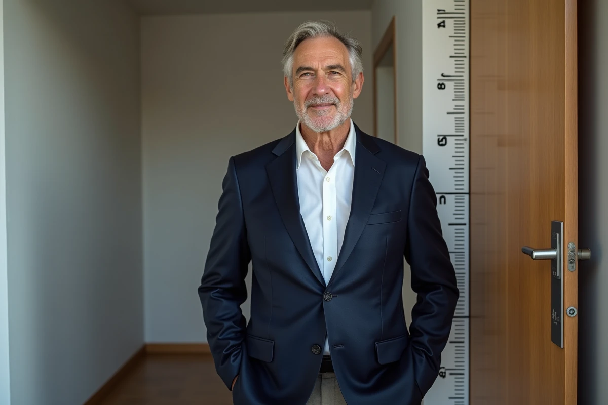 Homme français dans la soixantaine en portrait avec règle de hauteur