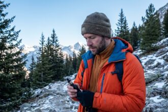 Homme en randonnée examinant une cigarette électronique en pleine nature