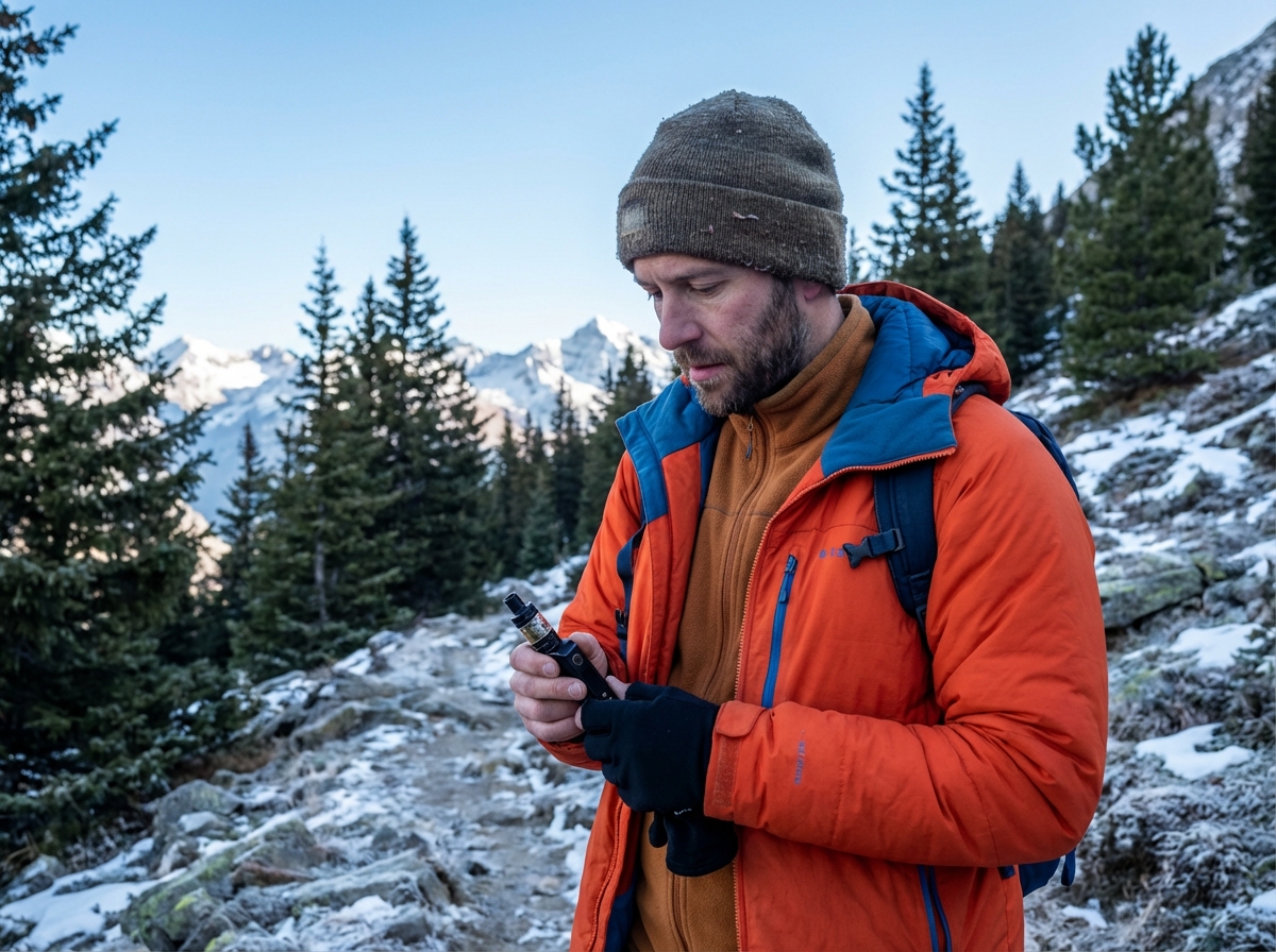 Homme en randonnée examinant une cigarette électronique en pleine nature
