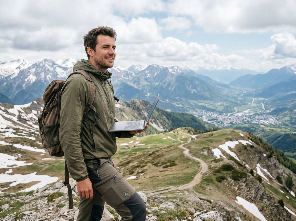Homme en pleine nature avec ordinateur sur une montagne près de Gap