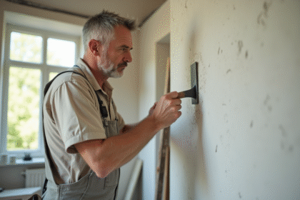 Homme en overalls lissant un mur en plâtre intérieur