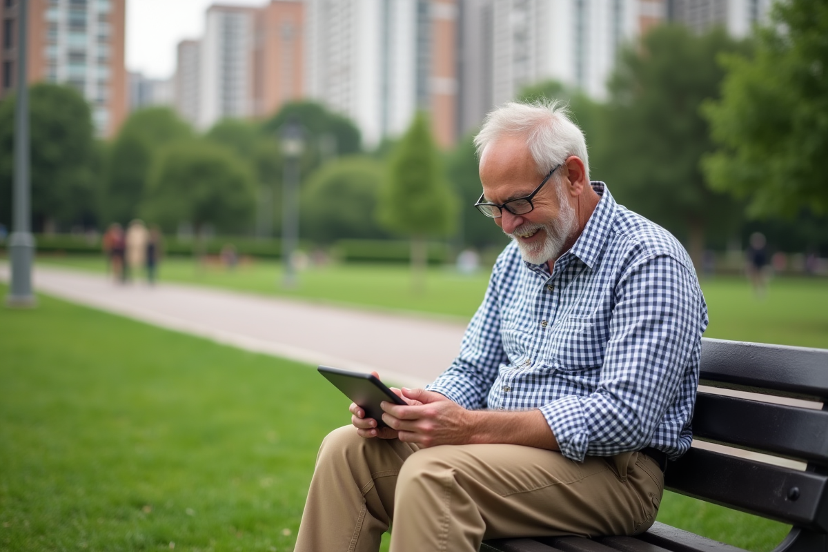 Homme retraité souriant dans un parc avec tablette