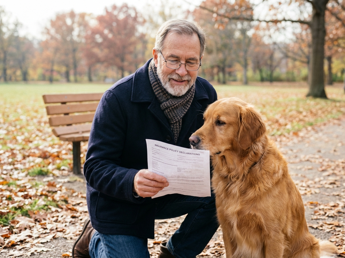 Homme lisant assurance avec retriever dans le parc