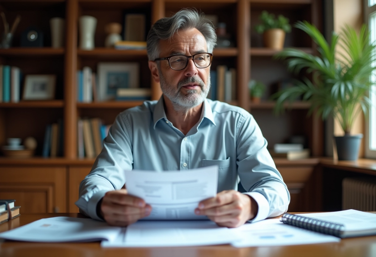 Homme d affaires relisant un rapport financier à la maison