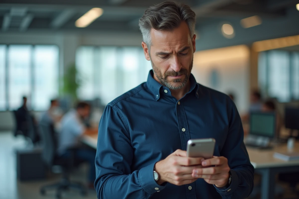 Homme d'affaires lisant un SMS avec perplexité, illustrant une faute d'orthographe courante dans les messages