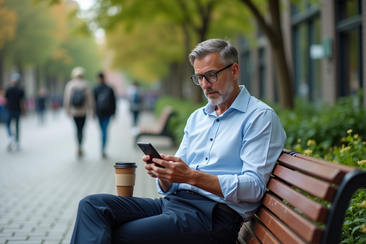 Homme d age moyen consulte ses finances en plein air