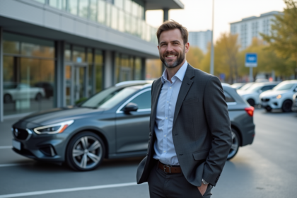 Homme d'affaires avec voiture en concession urbaine