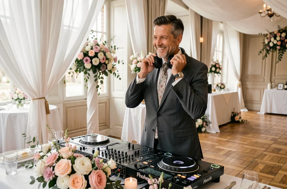 Hugo B, DJ spécialiste du mariage en Gironde, en costume lors d'une réception nuptiale élégante