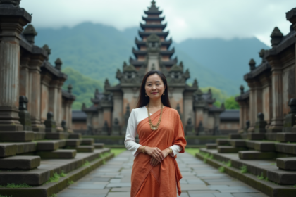 Femme balinaise en kebaya devant le temple Besakih
