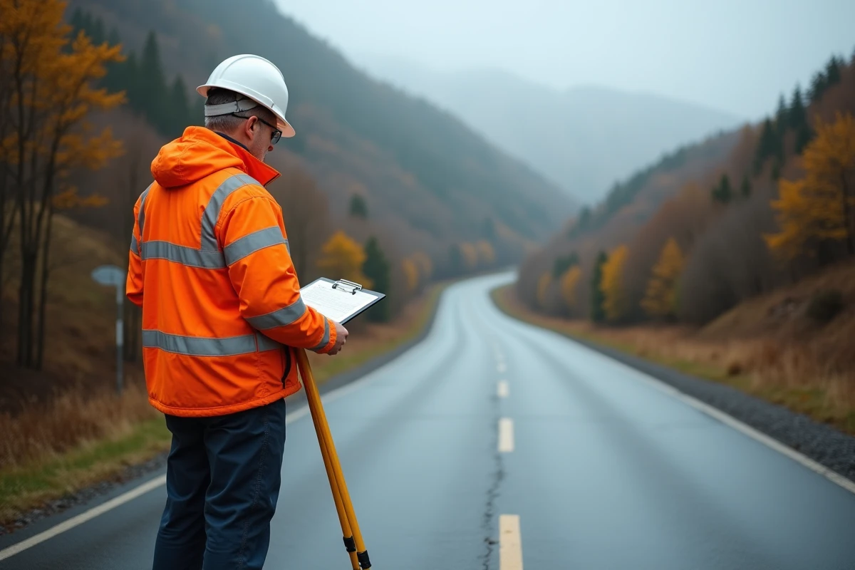 Inspecteur de voirie évaluant le pourcentage de pente d'une route asphaltée en milieu rural lors d'une inspection de sécurité routière