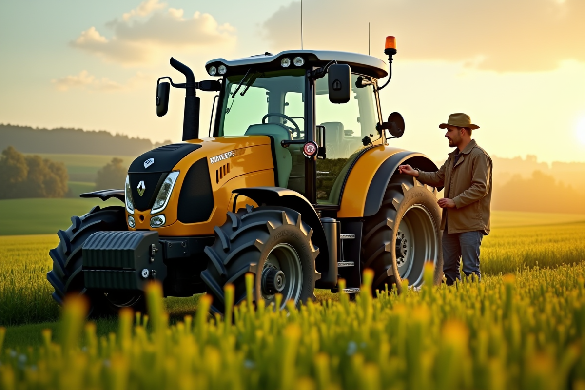 Agriculteur inspectant un tracteur Renault dans un champ vert