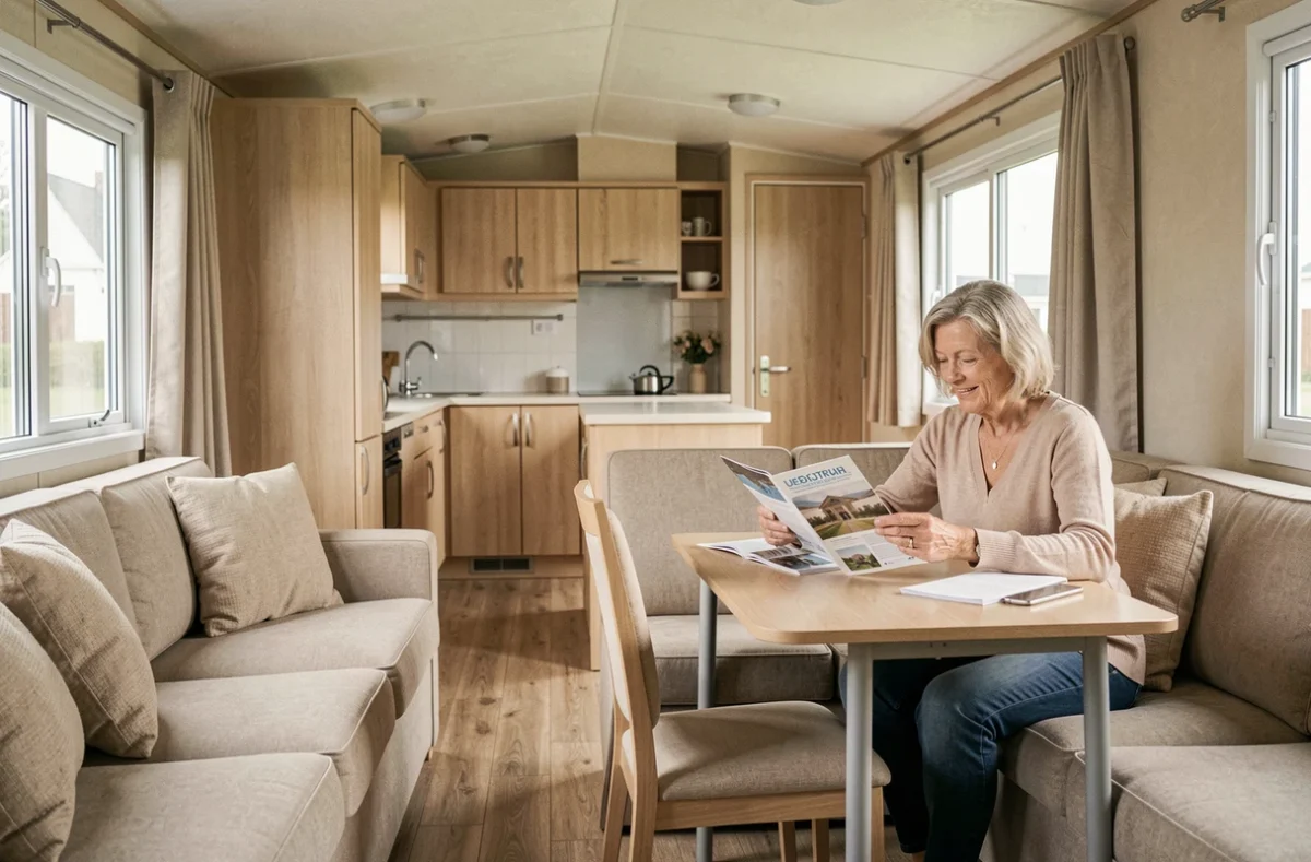 Intérieur confortable d'un mobil-home avec salon ouvert sur cuisine équipée, parquet stratifié et rangements intégrés, illustrant un aménagement de qualité