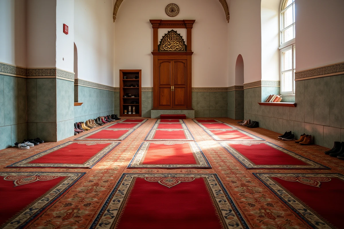 Intérieur d'une salle de prière d'une mosquée à Grenoble avec tapis alignés et mihrab en bois