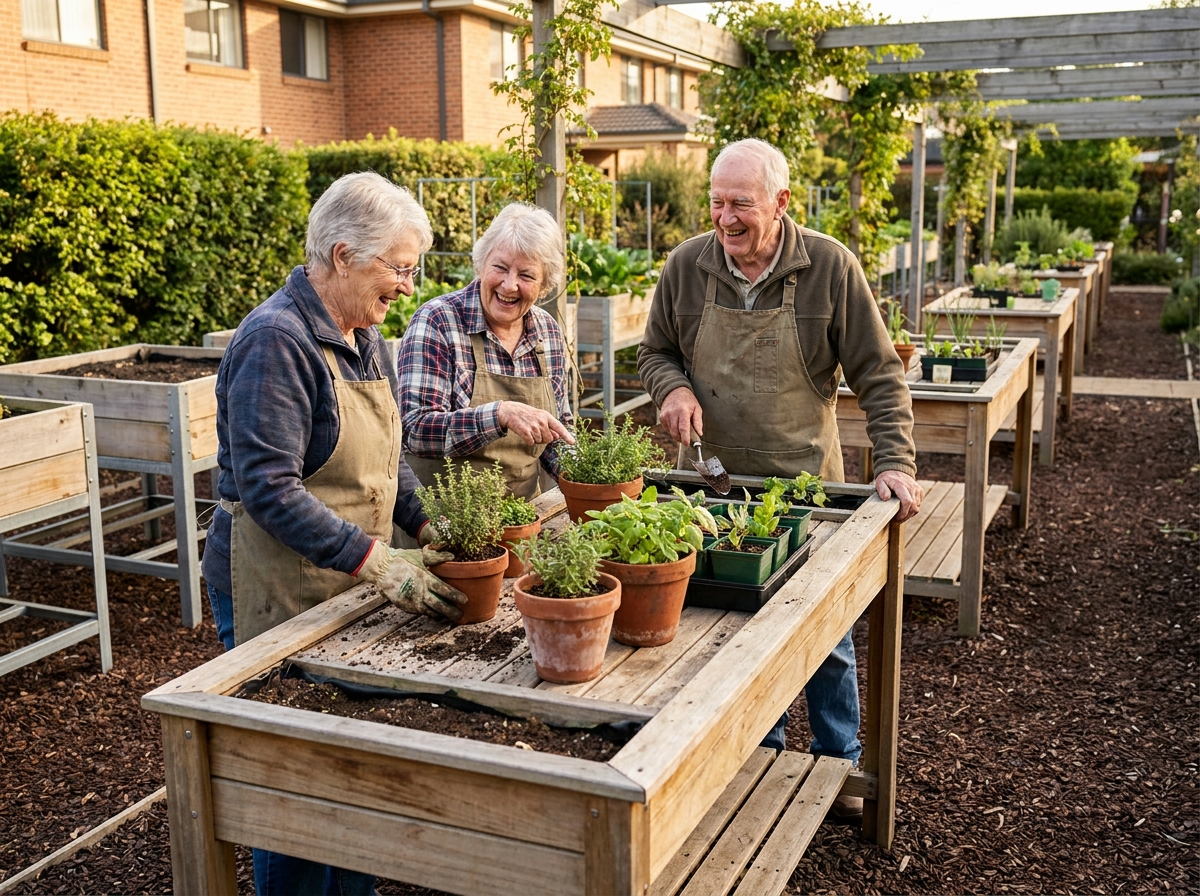 Groupe de personnes âgées pratiquant le jardinage thérapeutique sur des tables surélevées pour réduire le risque de chutes