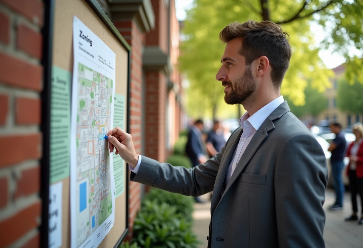 Jeune architecte fixant un plan de zonage sur un tableau public
