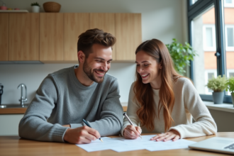 Jeune couple dans la cuisine remplissant des papiers