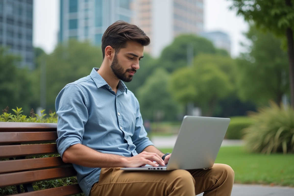 Jeune entrepreneur travaillant sur son ordinateur en extérieur