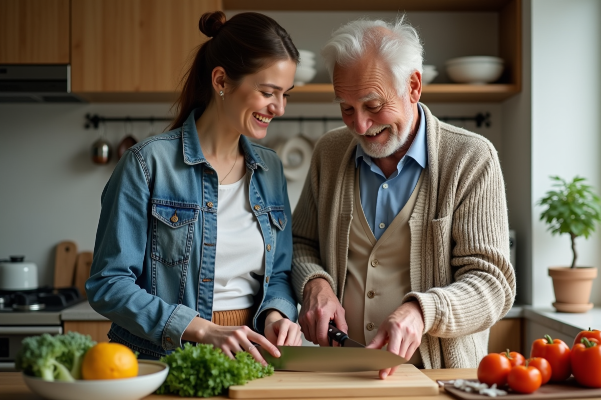 Jeune femme et homme âgé préparant un repas dans une cuisine chaleureuse