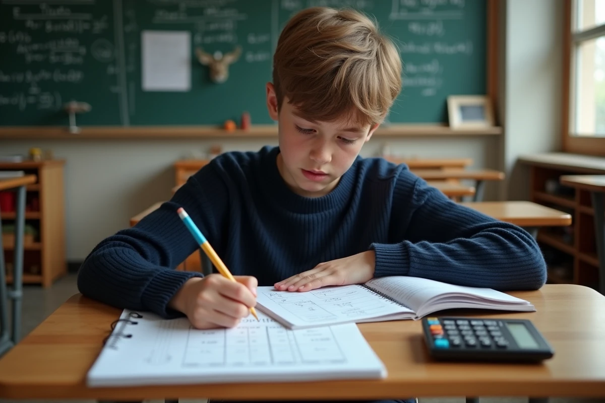 Jeune garçon concentré en classe avec cahier de maths