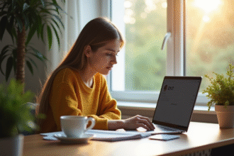 Jeune étudiant travaillant sur ordinateur avec plateforme ENT