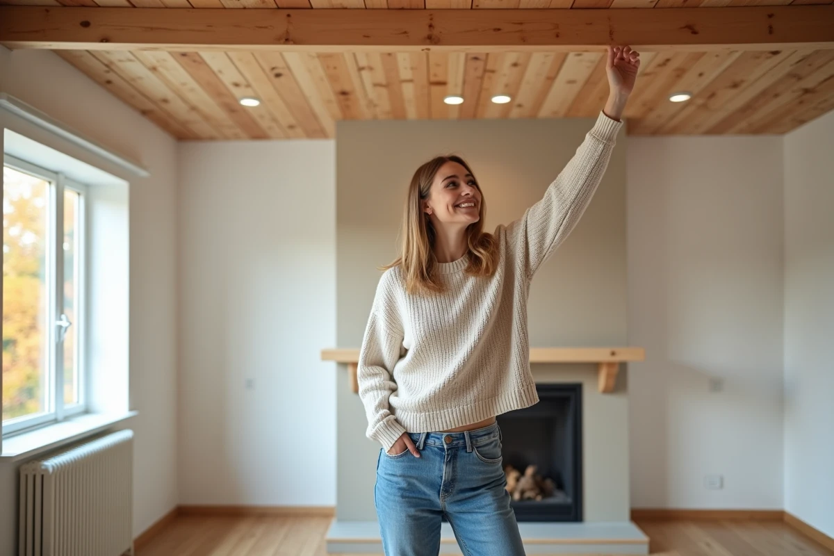 Jeune femme touche une poutre en bois dans un salon rénové