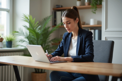 Jeune femme professionnelle utilisant une tablette dans un bureau moderne