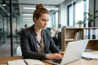 Jeune femme au bureau travaillant sur un ordinateur portable
