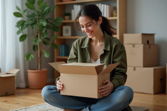 Jeune femme déballant un colis dans un salon cosy