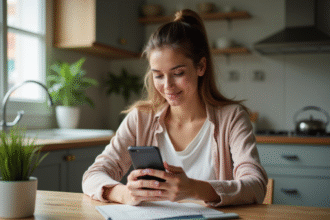 Jeune femme confiante utilisant son smartphone pour gérer ses finances