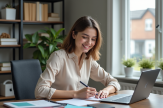 Jeune femme souriante prenant des notes dans un bureau à domicile