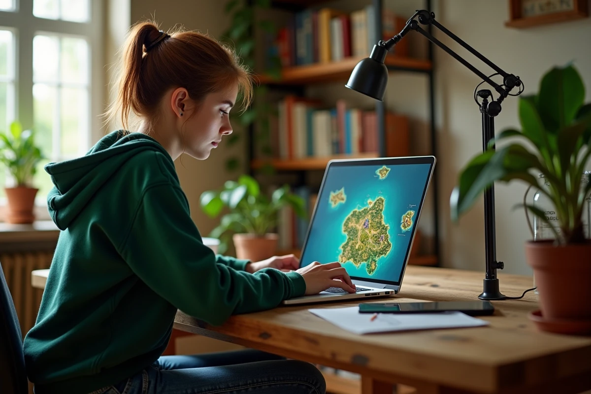Jeune femme concentrée sur un jeu de fantasy sur son ordinateur