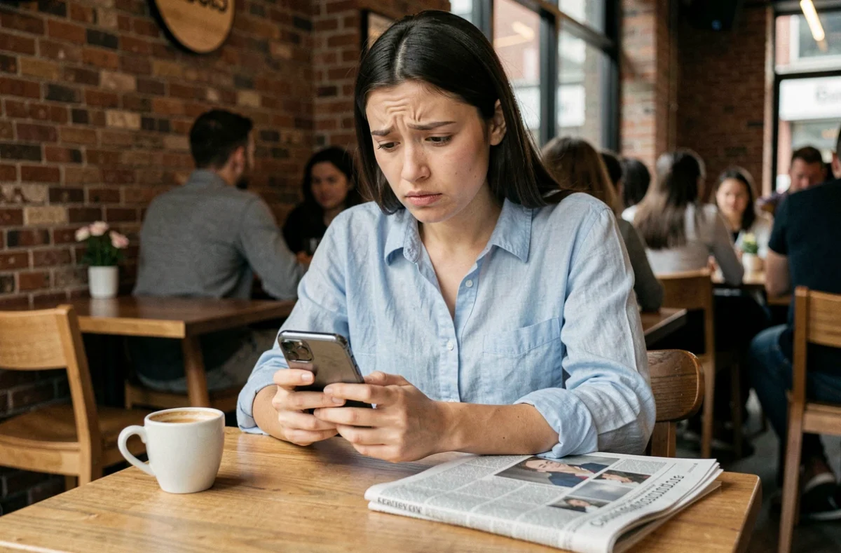 Jeune femme perplexe consultant son smartphone dans un café avec un journal papier posé sur la table illustrant les difficultés d'accès aux journaux gratuits